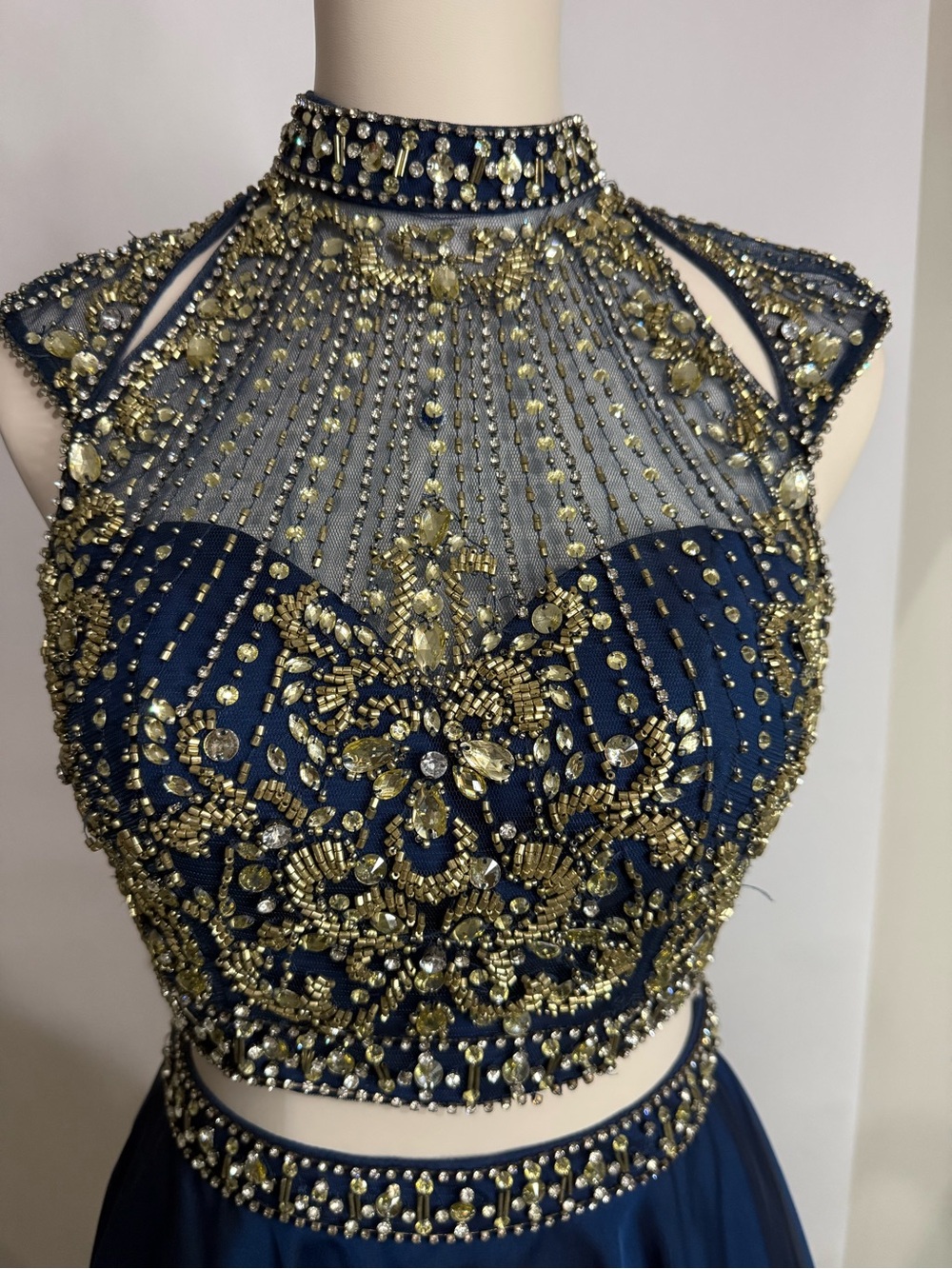Rachel Allan Embellished Navy Two-Piece Evening Dress with Gold Beading